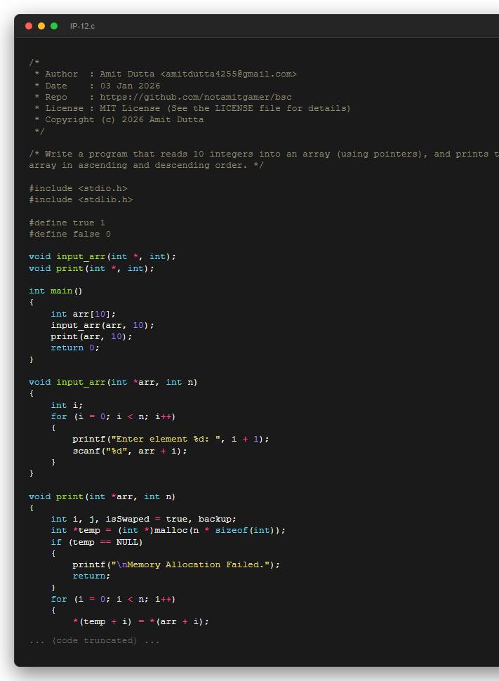 Write a program that reads 10 integers into an array (using pointers), and prints the array in ascending and descending order.